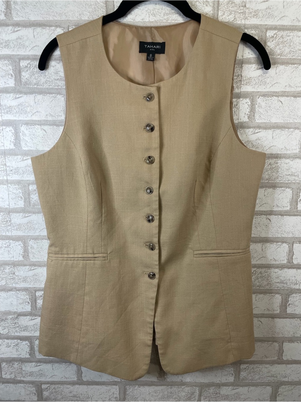 Tahari ASL Beige Tan Button-Front Lined Vest Blazer Size 8 - Picture 2 of 10